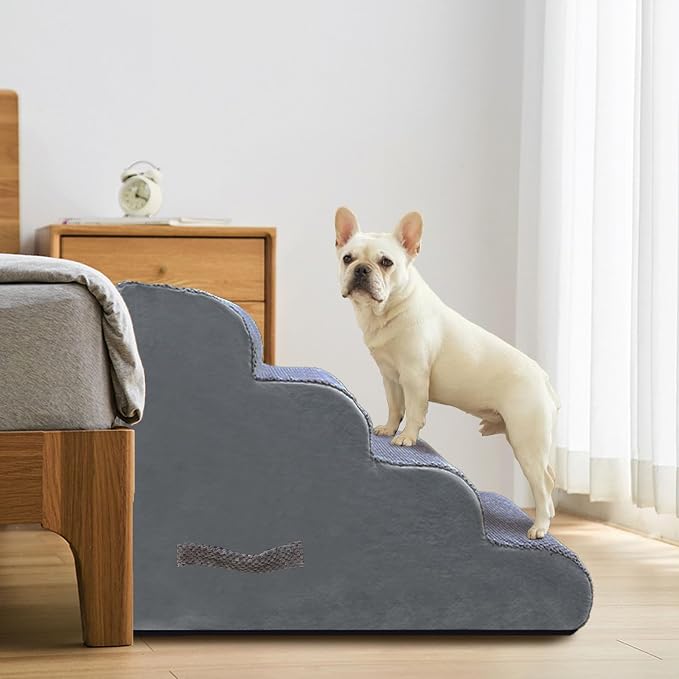 PAWSCRAT Pet Stairs for Dogs 4-Step, 19.6" H Pet Stairs for High Bed, Couch Sofa & Chair, 30D Material Soft Foam Dog Steps with Non-Slip Bottom Surface Removable Washable Cover, Grey