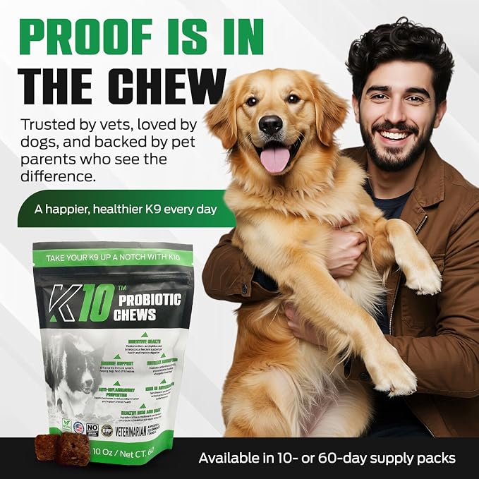 K10 Probiotic Chews for Dogs, Probiotic & Prebiotic Formula, 60 Count
