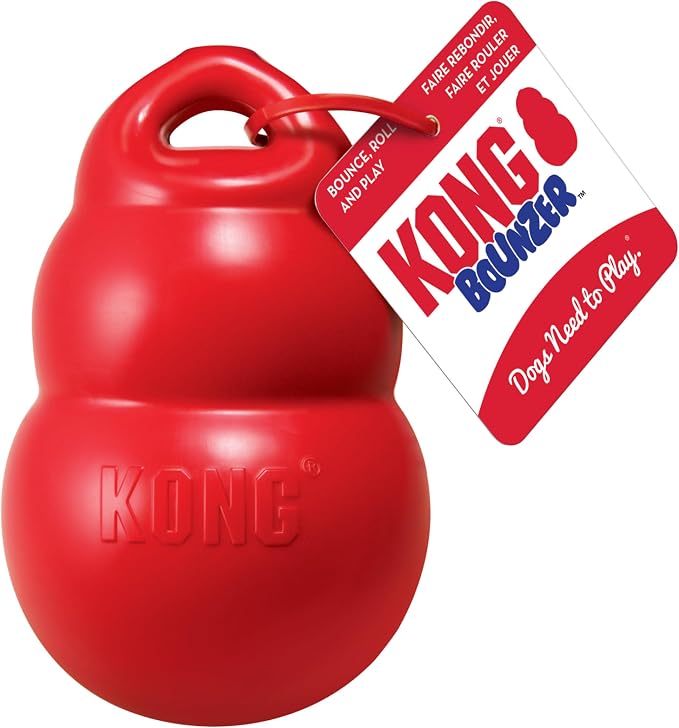 KONG Bounzer, Lightweight Rubber Fetch and Retrieve Toy, for Medium Dogs | Lightweight Oversized Classic-Shaped Rubber Toy with a Top Handle, Bounces Back for Fetch & Retrieve