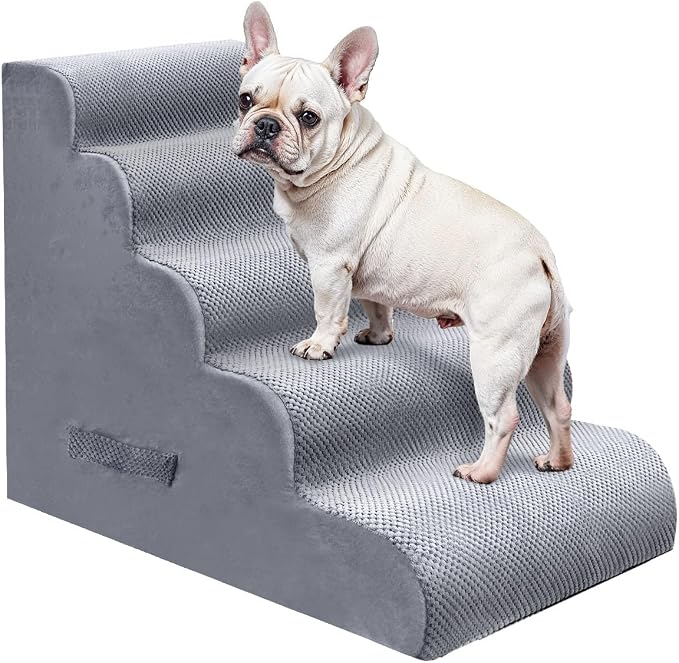 PAWSCRAT Pet Stairs for Dogs 5-Step, 22.8" H Pet Stairs for High Bed, Couch Sofa & Chair, 30D Material Soft Foam Dog Steps with Non-Slip Bottom Surface Removable Washable Cover, LightGrey