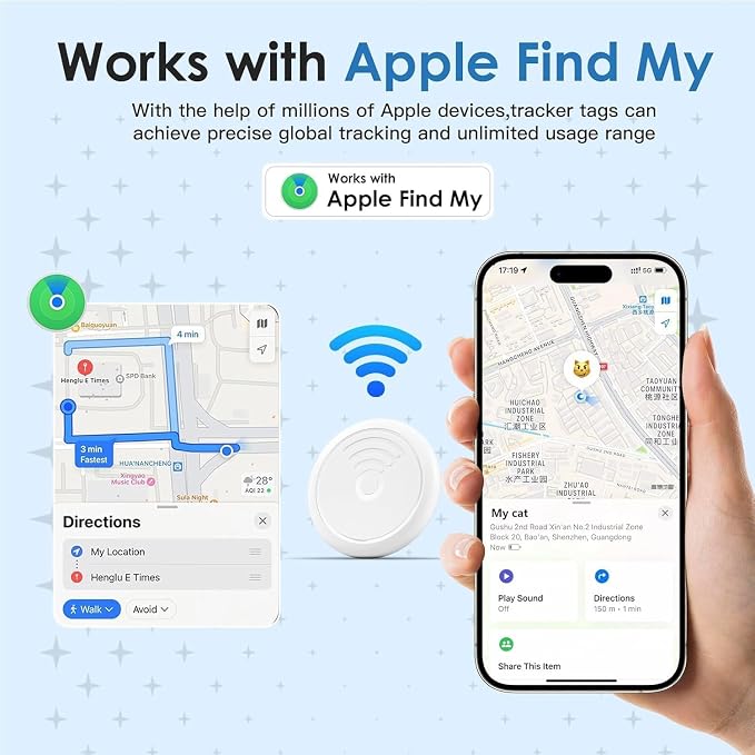 Cat Tracker Collar,No Monthly Fee Tracking Pet Collar with Finder Tag,Compatible with Apple Find My(iOS Only),Breakaway Tractive Design with Reflective Pattern & Bell