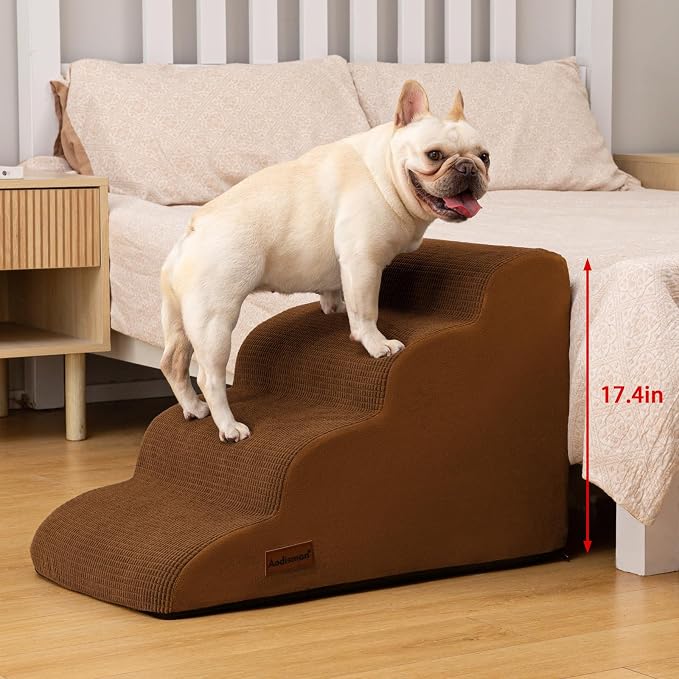 Aodisman 4-Step Dog Stairs and Ramp for Beds or Couches – Non-Slip Sturdy Pet Steps for Small Dogs and Cats,17.4" H,Brown