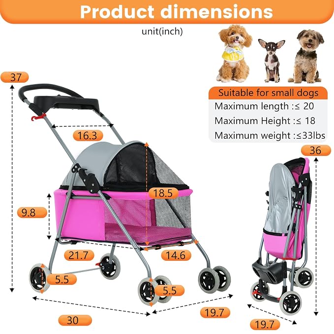 BestPet 4-Wheel Foldable Pet Stroller - Pink, up to 33lbs