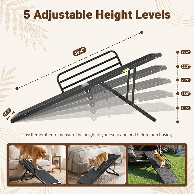 Dog Ramp for Bed, 5-Level Adjustable Pet Ramp with Side Safety Rails, 13.4"–18.3" Height Adjustable Foldable Ramp for Small to Large Dogs