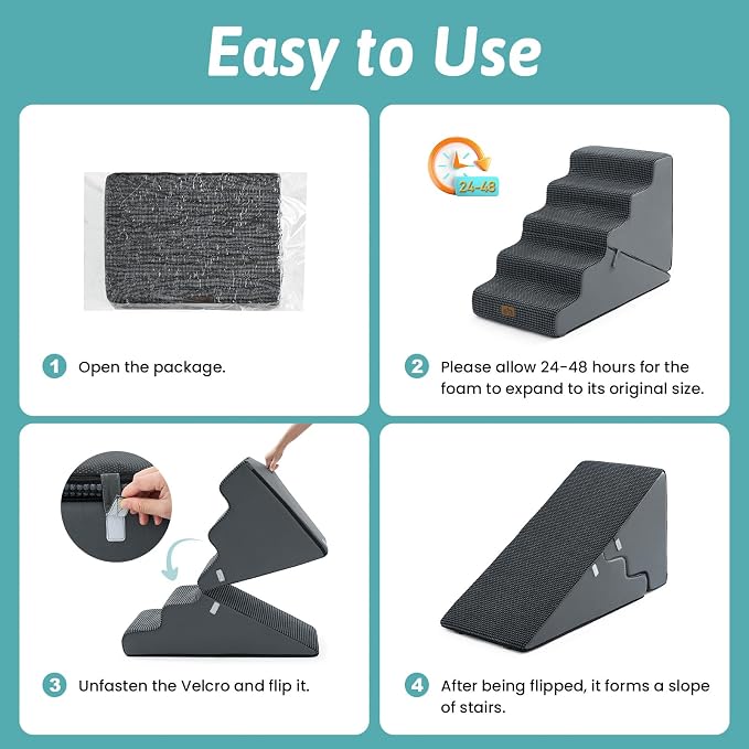 COZY KISS Dog Stairs for Small Dogs, 3-Step 2-in-1 Dog Steps,22.4" H | 5-step dog stairs and ramps,Non-Slip Base,for Couch & Bed, Dark Grey
