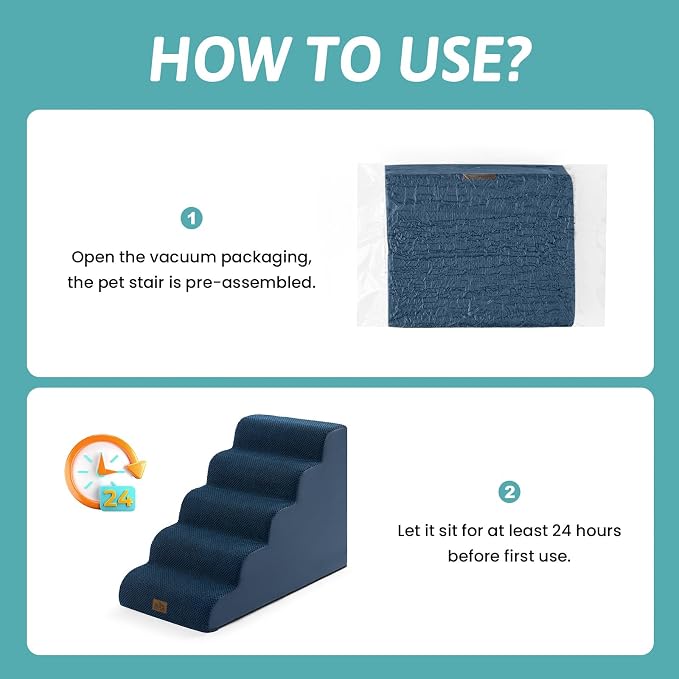 COZY KISS Wide Dog Stairs for Small Dog 22.6" H, Curved Pet Step for Puppy, Older Cat, Curved Ramp for High Bed or Car, Ladder with High Density Foam, Durable, 5 Step, 17.7x33x22.6 inch, Navy Blue
