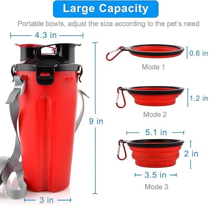 Dog Travel Water Bottle, 2-in-1 with Collapsible Bowl, Red
