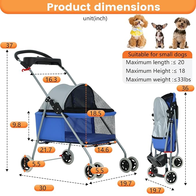 BestPet 4-Wheel Foldable Pet Stroller - up to 33lbs