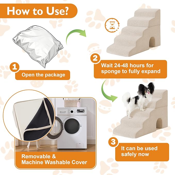 Dog Stairs for Small Dogs 11.5’’ H, 2-Step Dog Steps for Bed, Pet Stairs and Ramp for Dogs and Cats to Get on Beds, Couch, Non-Slip Balanced Pet Steps with Waterproof Cover, Beige