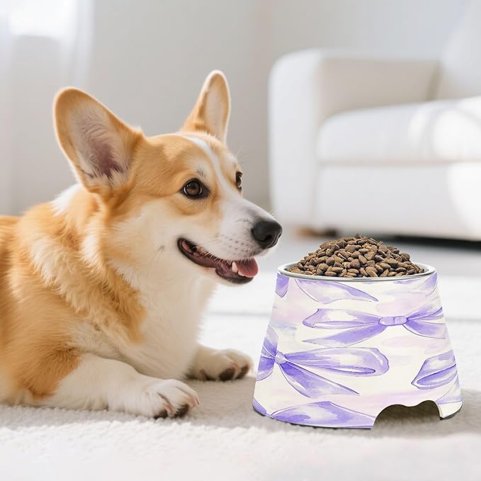 Blueangle Elevated Dog Bowls with Stainless Steel - Non-Slip 2.3 Cup High Capacity Pet Dish for Spinal Health & White Bows Design(175)