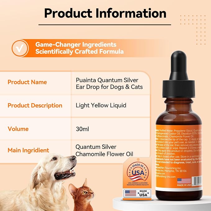 PUAINTA Dog Ear Drops with Finger Cots, Natural Dog Ear Cleaner and Infection Treatment, Quantum Silver Dog Ear Cleaning Solution for Itching, Irritation & Wax Build-Up,1oz