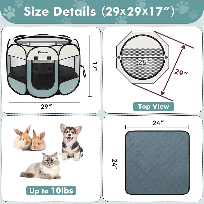 Dog Cat Playpen Indoor Outdoor for Puppy Pet Dogs Cat Recovery After Surgery, Dog Tent Crates Cage Indoor/Outdoor, Portable Pop Up Kennel with Carrying Case for Travel (Grey with Pad, Small)