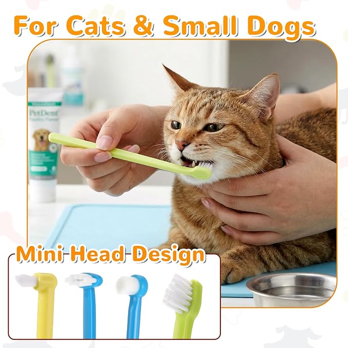 ElevateTech 4pcs Small Dog Toothbrush, Cat & Puppy Tooth Brushing Kit | Mini Tuft Horizontal Head Teeth Brush Deep Dental Teeth Cleaning Dog Tooth Brushing kit for Kitten Tiny Pet Blue Yellow
