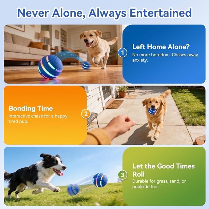 Interactive Dog Toys Ball - Smart Rolling Bouncing Ball with Colorful Lights, Chew Resistant Material, USB Rechargeable, 3 Play Modes Automatic Moving Ball for Small Medium Dogs