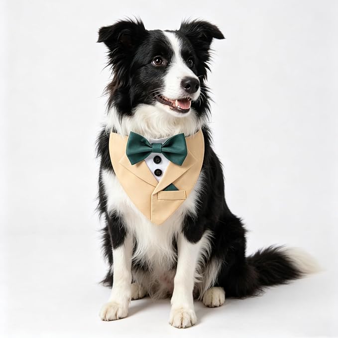 Yellow Dog Bandana with Green Bowtie, Large, Yellow
