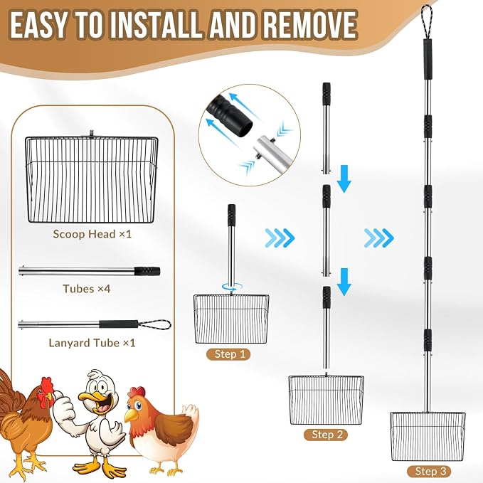 SlowTon Chicken Poop Scooper 10" Wide - Stainless Steel Chicken Coop Scoop Heavy Duty with 40 to 77" Long Handle for No Bending Work, Chicken Coop Litter Cleaning Tool Sand Sifting Shovel