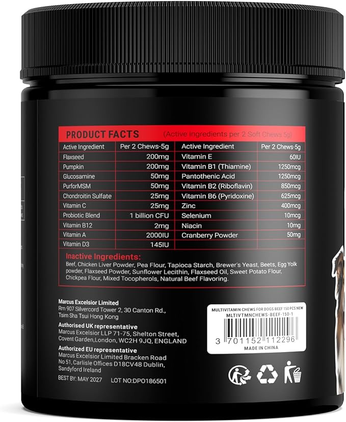 Dog Vitamins and Supplements - 150 Dog Multivitamin Chewable - Immune, Joint Support, Skin, Gut Health + Packed with Omega 3s, Glucosamine & Probiotics - Safe for Puppy - Beef