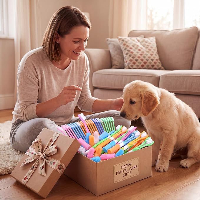 110 Pcs Pet Dog Toothbrush Kit Bulk Includes 50 Dual Head Dental Brushes 50 Finger Brushes 10 Triple Head Pet Toothbrushes 360 Degree Teeth Cleaning for Puppy Cats Oral Dental Health