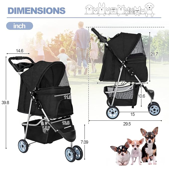 BestPet Pet Stroller - Black, 3 Wheels