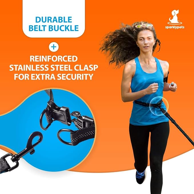 SparklyPets - Hands Free Dual Dog Leash for Medium and Large Female Dogs - Padded Handles, Reflective Stitches, No Pull, Tangle Free - Walking, Hiking, Jogging, Canicross Waist Leash - Orange
