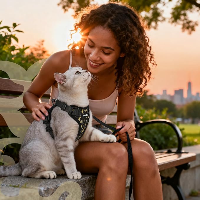 rabbitgoo Cat Harness and Leash Set, Escape Proof Vest, Lunar Prowl | Soft Breathable Mesh, Easy Adjustable Fit, Snap Buckles, Sturdy Clip, Reflective Strips, for Kittens & Small Cats Walks, Xxs