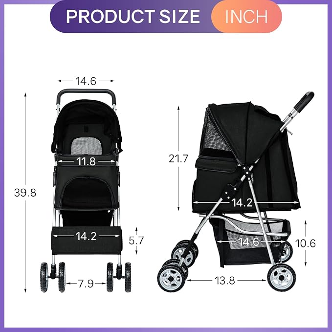 BestPet Pet Stroller - Black, 4 Wheels
