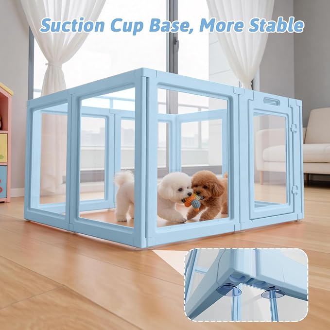 DIY Clear Acrylic Dog Playpen House,Quick Easy Assembly and Disassembly,Strong Floor Suction,Indoor and Outdoor Use,Easy Cleansing Puppy Fence (Sky Blue, 30.3" H, 8PCS)