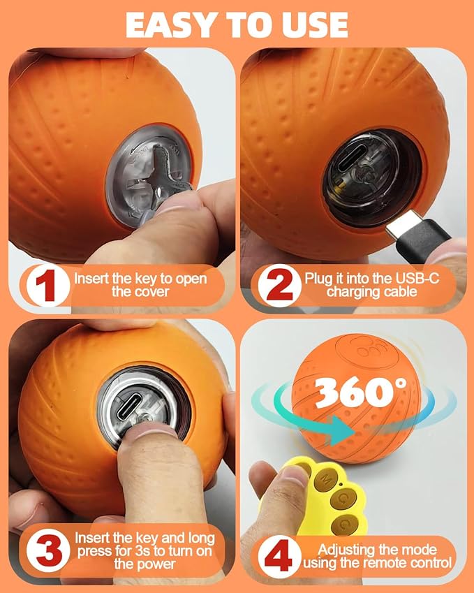 Jovrun Interactive Dog Toys Ball, 2025 Upgraded Remote Control Small Dog Toys, Durable Motion Activated Automatic Dogs Balls for Small Dogs (Orange, with Remote Control)