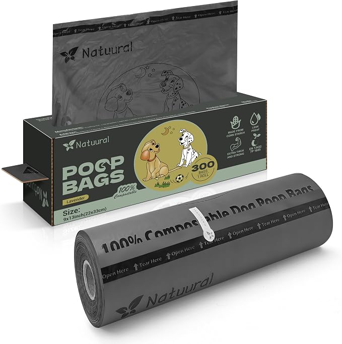 Compostable Dog Poop Bags-300 Bags 1Rolls, Poop Bags for Dogs Made of Cornstarch, Lavender Scented, Ideal for Backyard or Home and Cat Litter Disposal