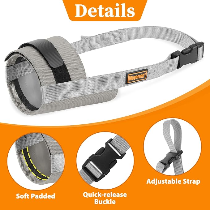 Adjustable Dog Muzzle, Fabric Medium Large Dog Muzzle Anti Biting | Soft & Sturdy, Prevents Fierce Barking Chewing, Grooming Walking Vet Visits Nail Care Use, Allows to Pant & Drink | Grey, M