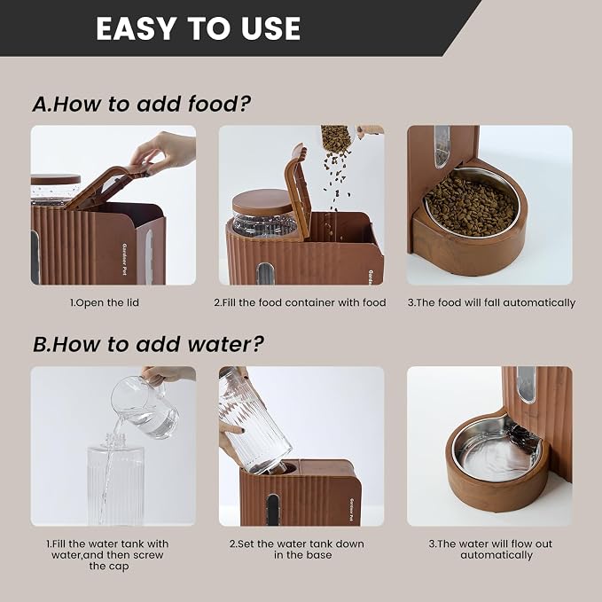 Gardner Pet Gravity Automatic 2-in-1 Pet Feeder, 0.8 Gallons*2 Cat Feeder and Water Dispenser Set, 100% BPA-Free and Stainless Steel Water Bowl for Dogs, Cats, Rabbits, Puppies (Dark Woodgrain)