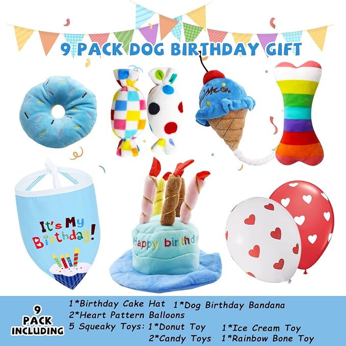 lilfrd 9Pcs Blue Dog Birthday Toy Set, Squeaky Hat Bandana Gift for Dogs | Birthday Gift Pack, Soft Plush, Small Medium Puppy Friendly