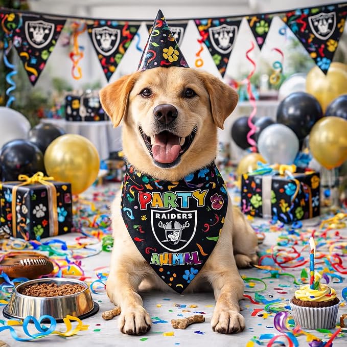 NFL Las Vegas Raiders Pet Birthday Bandana, NFL Dog Birthday Party Set and Costume, Licensed Dog & Cat Birthday Party Scarf, Football Team Pet Outfit, Puppy Bday Accessory, Size Small/Medium
