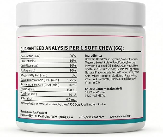 Dog Skin and Coat Supplement Chews - Omega-3 Fish Oil, EPA & DHA, Biotin, Vitamin A & D3 - Coat Shine, Skin Hydration, Shedding & Itch Relief - Made in USA - 60 Count