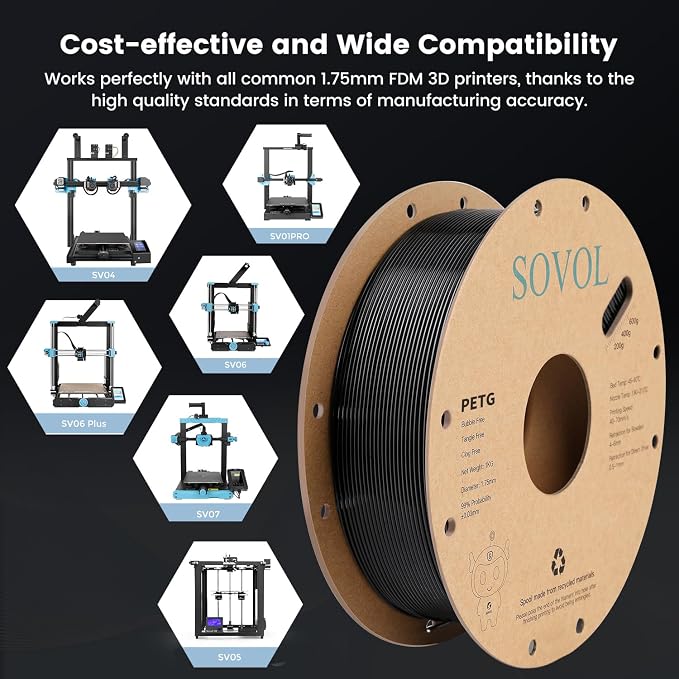 Sovol 3D Printer PETG Filament 2kg (4.4 lbs) Spool Printing Materials, Wiring Tightness, Dimensional Accuracy +/- 0.03 mm, 1.75 mm, Black + White