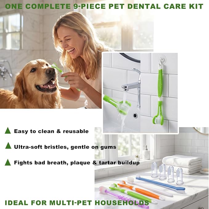9-Pack Dog Toothbrush Kit, Triple Head & Double Head Dog Toothbrush, 360 Finger SiliconeToothbrush, Multi-Angle Dental Cleaning Brushes for Cat Oral Health