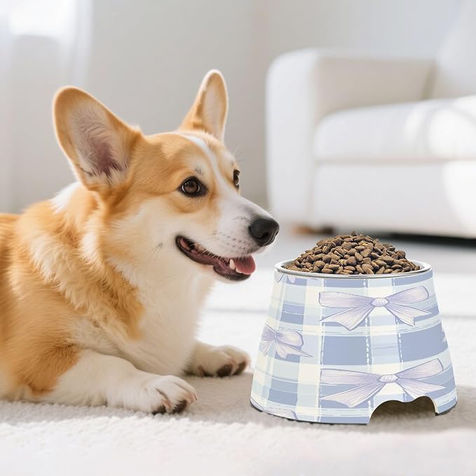 Blueangle Elevated Dog Bowls with Stainless Steel - Non-Slip 2.3 Cup High Capacity Pet Dish for Spinal Health & Blue Bows Plaid Design(551)