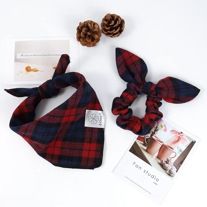 E-Clover Red Blue Plaid Dog Bandanas Girl Matching Scrunchie Medium Large, Large-set of 1, Medium, Red