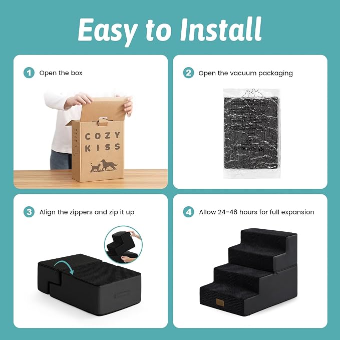 COZY KISS Dog Stairs for Small Dogs, 4 Tier Removable Wider Pet Stairs for Couch and Bed, 17.7" H Dog Steps for Old Cats, Puppy, Small Dogs, 17.7x23.6x17.7 inch, Black