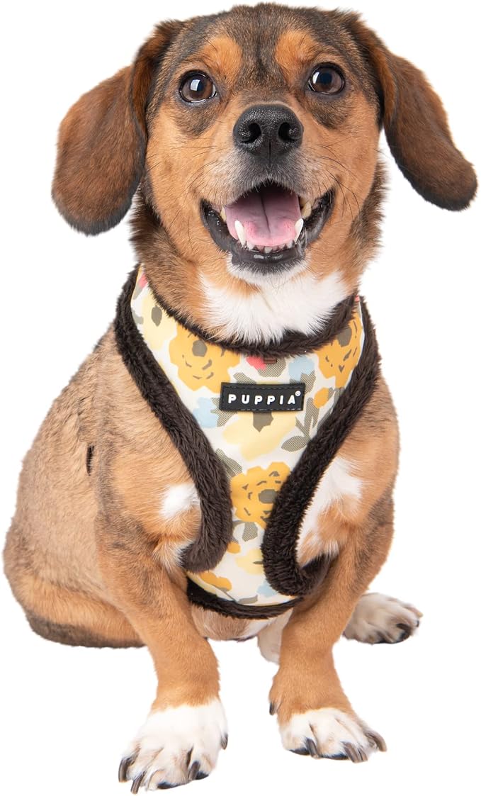 Puppia Alyssa Dog Harness Over-The-Head Warm Winter Flower Pattern Adjustable Chest for Small and Medium Dog, Brown, Large