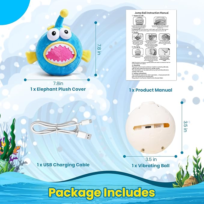 UPGRADED Interactive Moving Dog Toy, Bouncing Dog Toy with Rouncing Ball, Squeaky Plush Electronic Dog Toy for Small Medium Large Dogs, Vibrating Music Recording Mode to Keep Them Busy (Lanternfish)