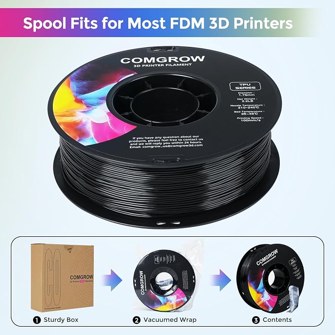 Comgrow TPU Filament, 1.75mm, 95A Soft TPU Flexible 3D Printer Filament Black 2 * 1kg (2.2lbs), Dimensional Accuracy +/- 0.02 mm, Fit Most FDM Printer