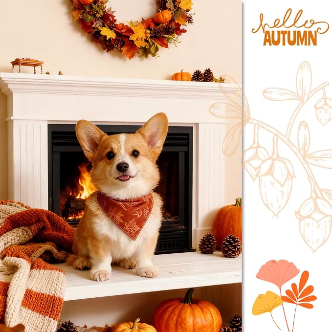 Fall Dog Bandana Thanksgiving Holiday Autumn Leaves Girls Pet Triangle Neck Scarf with Snap, Medium, Small