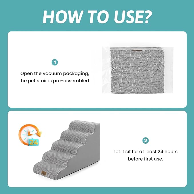 COZY KISS Dog Stairs for Small Dogs, 5 Step Pet Stairs for Beds & Couches | 19.7" H Curved Non-Slip Foam Dog Steps with Washable Cover for Puppies, Older Cats & Small Dogs, 15.7x33x19.7 in, Gray