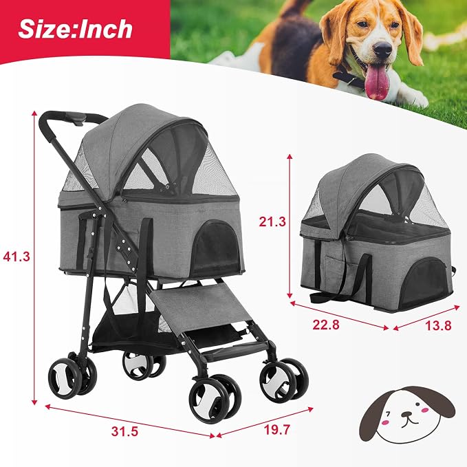 BestPet 4-Wheel Pet Stroller - Grey, Detachable Carrier