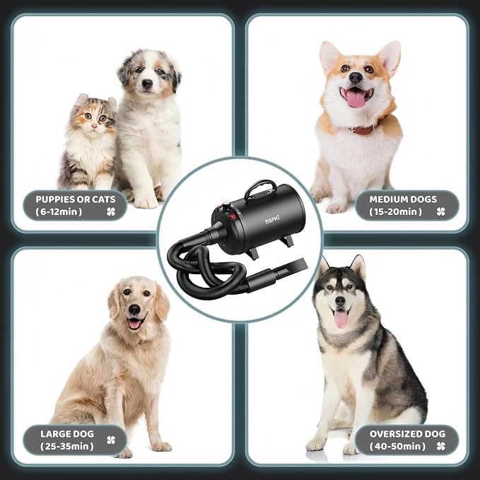 EGFKI Dog-Hair-Dryer, 5.2HP/ 3800W High Velocity Pet Blow Dryer with Heater for Grooming, Speed Temperature Adjustable Dog Blower Grooming Dryer with 4 Nozzles