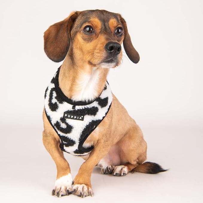 Puppia Serval Dog Harness Over-The-Head Warm Winter Leopard Pattern Adjustable Chest for Small and Medium Dog, Black, Medium
