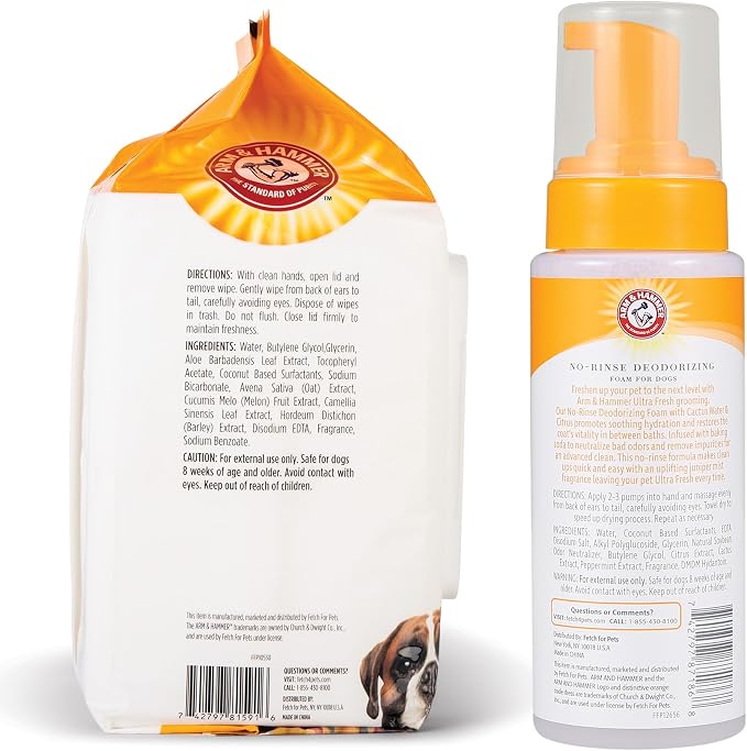 Arm & Hammer Heavy Duty Bath Grooming Wipes & Foam Bundle, Mango, 100ct + 8 fl oz Foam