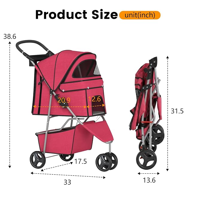 BestPet 3-Wheel Pet Stroller - Red
