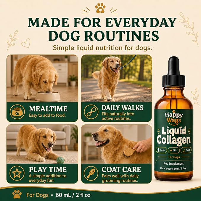 Happy Wags Premium Liquid Collagen for Dogs, Joint Care, Skin & Coat, Coat Support, 2 fl oz
